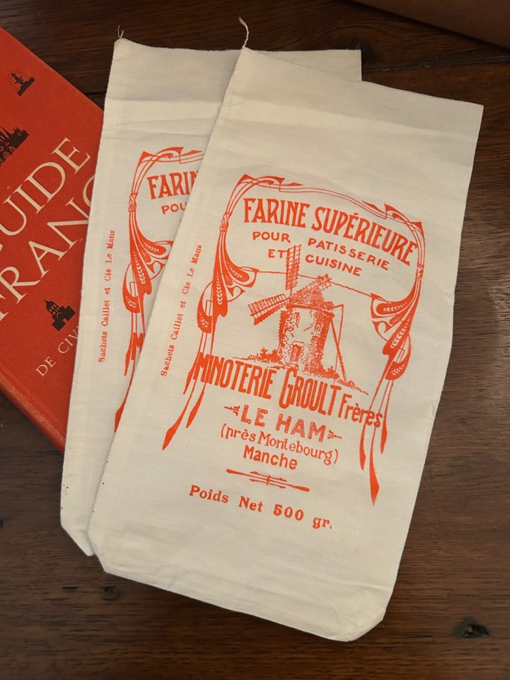 Vintage French Flour Sacks with Red Print